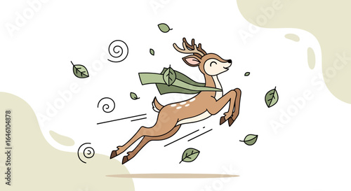 Delightful cartoon illustration of a heroic deer leaping amidst swirling leaves bringing joy