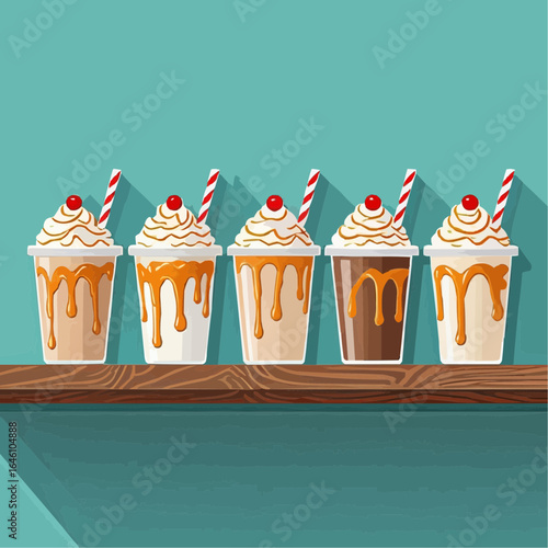 Indulging in delightful treat moments with five colorful dessert drinks on a cheerful wooden shelf