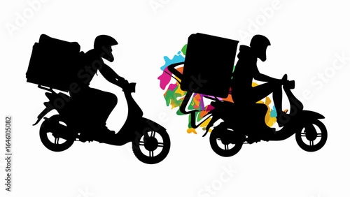 Two delivery scooters with riders in silhouette one with colorful splash and box on back in a white scene