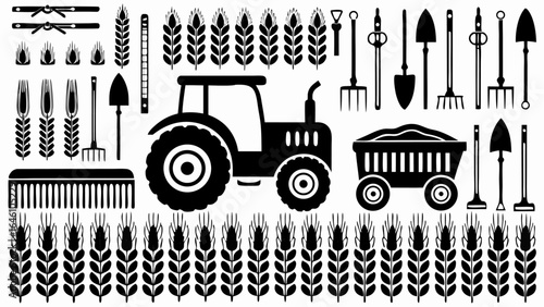 Black and white vector illustration of farming equipment and wheat stalks in a graphic style