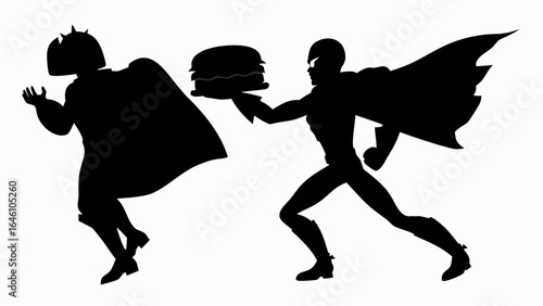 Silhouette of two figures one holding a burger and the other running away from the burger guy
