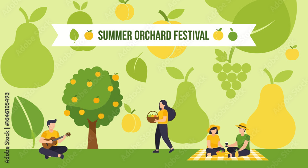 Fototapeta premium Delightful Summer Orchard Festival Illustration with People Enjoying Outdoors Activities