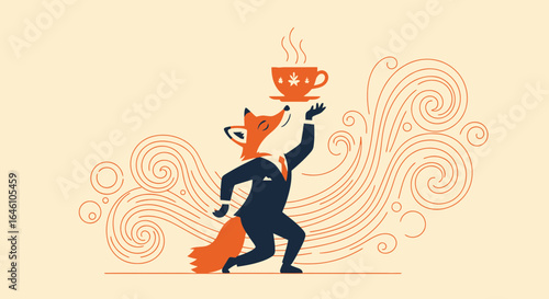 Elegant fox businessman balancing a steaming cup of coffee in a stylized illustration
