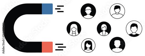 Magnet attracting people, social media influence, customer engagement, audience targeting, marketing strategy, vector illustration, business concept, digital outreach