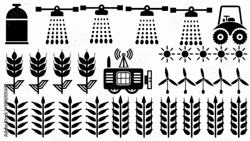 Illustration of agriculture elements including crops irrigation system tractor and wind turbines in black