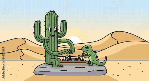 Desert Showdown Cactus and Lizard in a Chess Match Under the Arid Sun