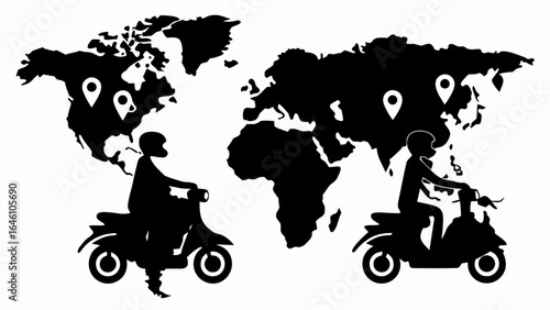 World map with location pins and scooter riders in black silhouette representing global delivery network