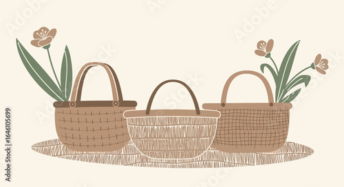 Elegant handcrafted baskets with floral accents in soft, neutral tones illustration