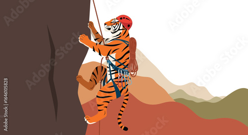 Determined Tiger Ascending A Cliff Face With Climbing Gear And Safety Helmet