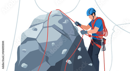 Determined Rock Climber Ascending a Jagged Cliff Face with Rope and Gear