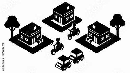 Isometric view of a suburban neighborhood with houses cars and scooters in black and white style