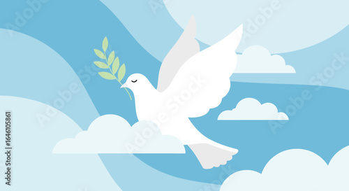 Elegant illustration of a white dove carrying an olive branch symbolizing peace and hope against a soft blue sky