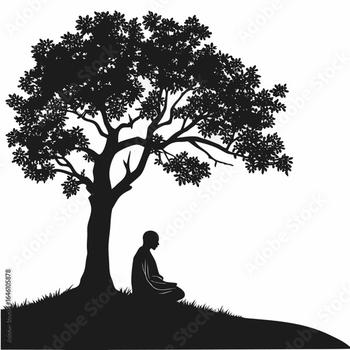 Monk meditating under tree silhouette