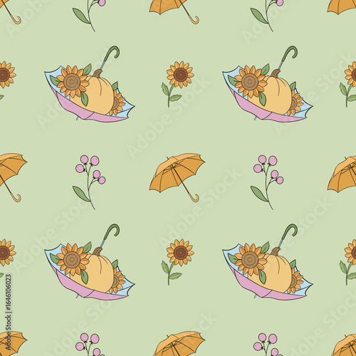 Seamless pattern with umbrella, pumpkins and flowers