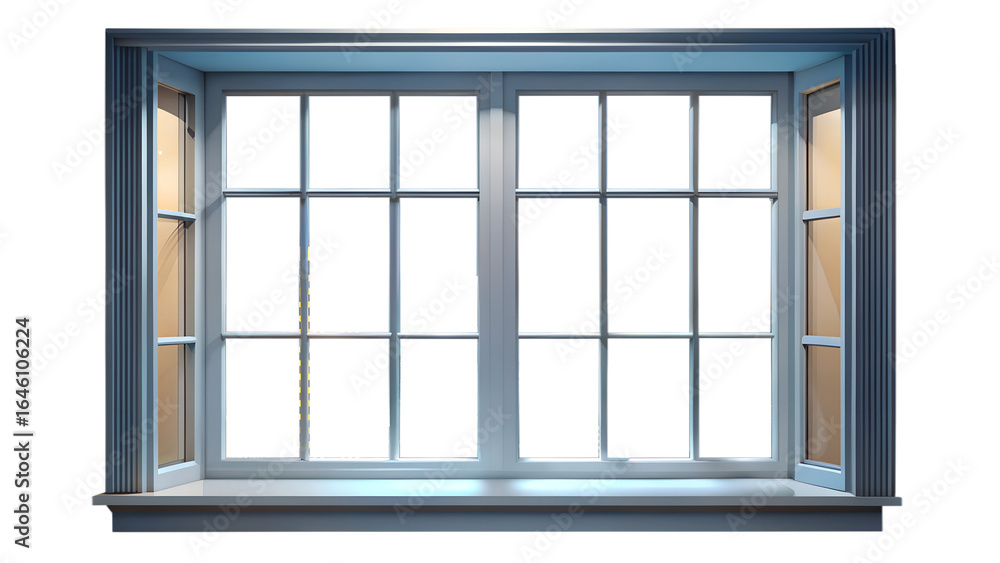 Fototapeta premium Modern window with white frame isolated on transparent background, offering a bright and clear view of the outside world