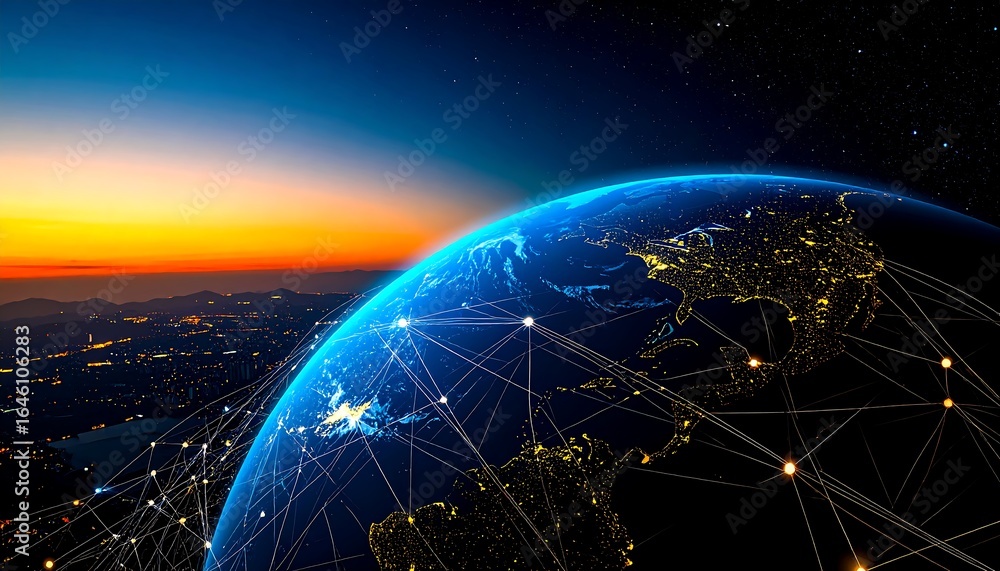 Obraz premium Earth at dawn, connected by a network
