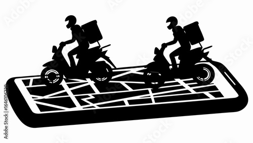 Two delivery scooters with boxes on a phone map silhouette for mobile app design concept vector