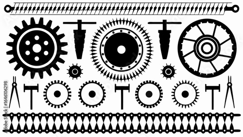Illustration of various mechanical components including gears chains and tools in black and white