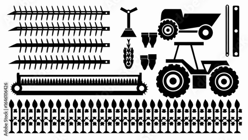 Black and white illustration of farming equipment including a tractor and planting implements