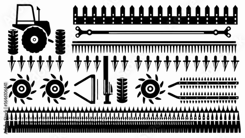 Illustration of a tractor and various farming implements in black and white vector format