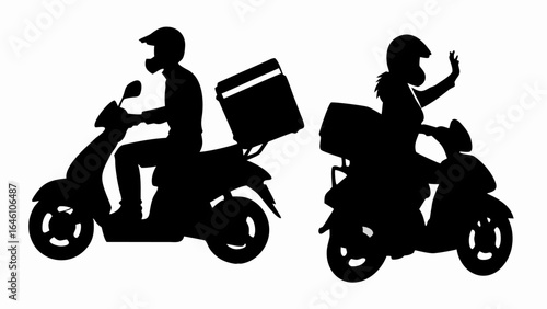 Two delivery people on scooters in silhouette with one waving and one carrying a delivery box on back