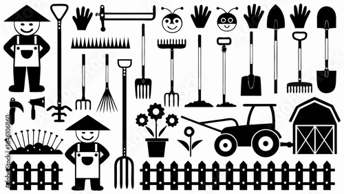 Illustration of farming tools and equipment including a tractor and barn with two farmers in hats