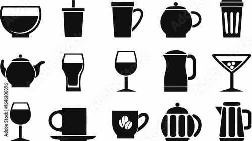 Silhouette collection of various drinkware including teapots, mugs, glasses and pitchers isolated on white