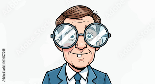 Cartoon illustration of a man with oversized glasses, buck teeth, and a blue suit, against a white background.