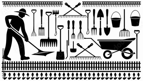 Silhouette of a gardener with tools like rakes shovels and wheelbarrow in a garden setting vector art