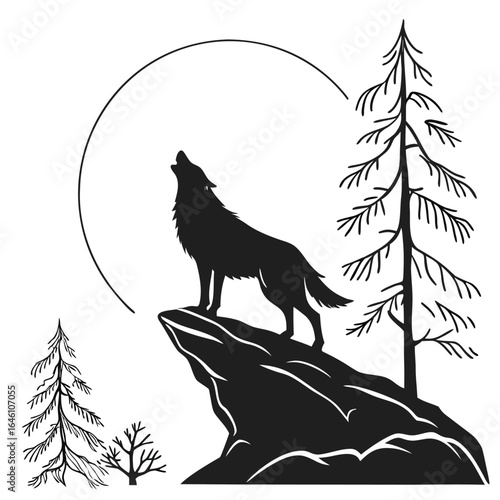 Wolf howling on cliff silhouette