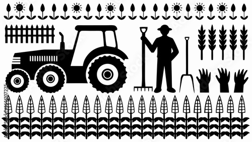 Black and white illustration of a farm scene with tractor farmer and crops in a decorative border