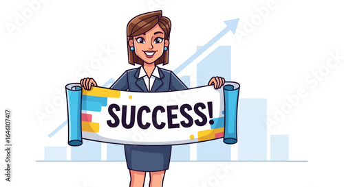 A smiling businesswoman holding a banner displaying the word "SUCCESS!" with a rising graph in the background.