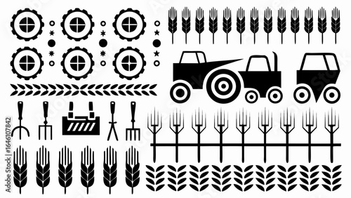 Illustration of farming equipment and crops including tractors wheat and gardening tools in black and white