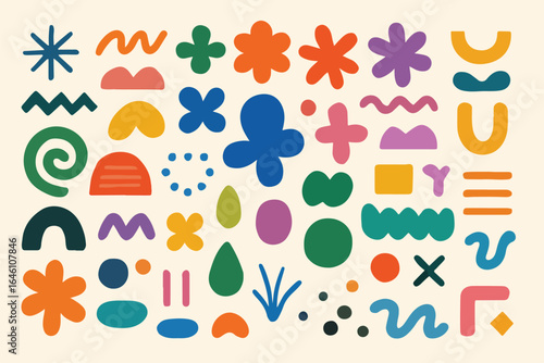 A vibrant collection of abstract retro organic shapes including clouds flowers sparkles and mountains rendered in a funky groovy and cute hippie style perfect for banners and prints