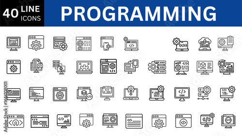 Programming set of web icons in line style. Software development icons for web and mobile app. Code, programmer, developer, information technology, coder and more. Vector illustration