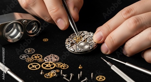 The Art of Horology: A Watchmaker's Steady Hands Assembling a Mechanical Watch Movement with Precision Tweezers