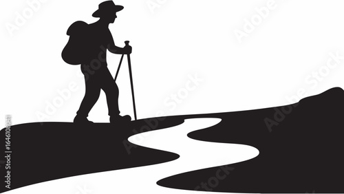 Silhouette of a hiker with a backpack and walking sticks traversing a winding path in monochrome style