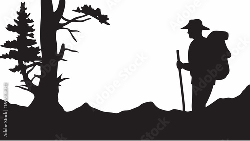 Silhouette of a hiker with backpack and walking stick near trees and hills in black and white scenery