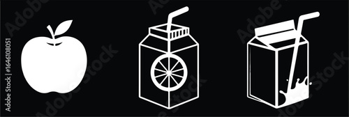 Healthy food choices and nutritious drinks represented in white icons for dietary awareness and balanced eating featuring an apple orange juice and milk carton