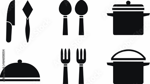 Illustration of kitchen utensils including knife, spatula, spoons, forks, pots and a serving dish