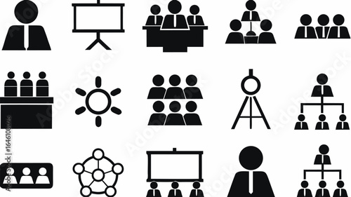 Depicting various business and organizational concepts in simple black and white vector icons set up in rows