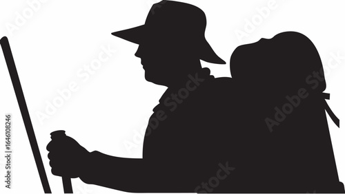 Silhouette of a hiker with a hat and backpack holding trekking poles in a side profile view outdoors