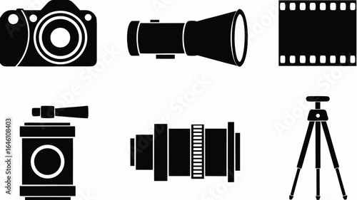 Six photography equipment icons including camera, film, flash, lens, tripod and reflector