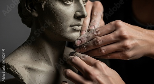 The Sculptor's Touch: Hands Gently Molding a Classical Clay Bust in Dramatic Light