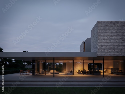 Wallpaper Mural Contemporary brick and glass house interior illuminated at dusk Torontodigital.ca