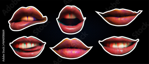 Lips Expressions Collection. Red lips on black background in halftone style. Set y2k brutalism.