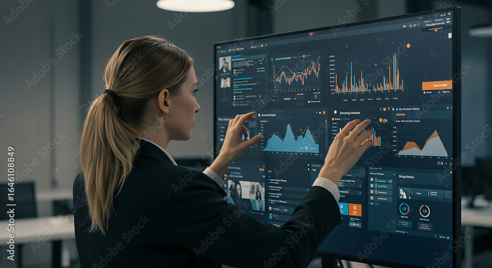 © IPX - Professional adjusting online ads on a large screen with colorful charts and visible social media campaigns