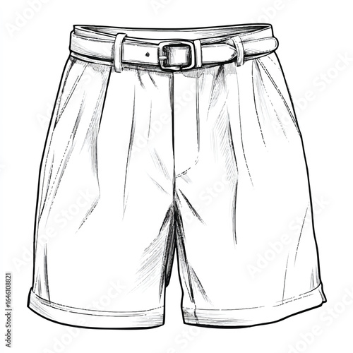 Illustration of fashionable belted shorts featuring a classic design with pleats and rolled cuffs ideal for warm weather style and casual wear appeal