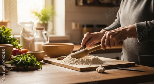 Timeless Culinary Craft: Elderly Hands Preparing Dough in a Warm, Sunlit Kitchen