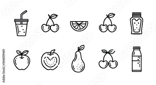 Line art illustration of assorted fruits and juice bottles perfect for a healthy lifestyle design element suitable for menus packaging and nutritional information